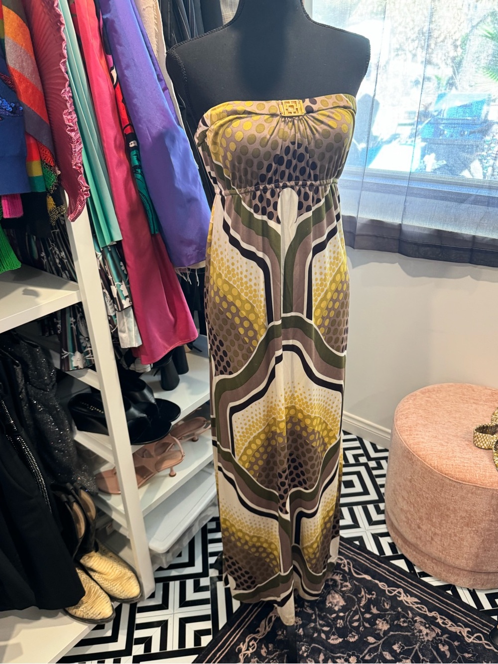 Vintage Y2K Trina Turk Los Angeles Strapless Mod Print Maxi Dress